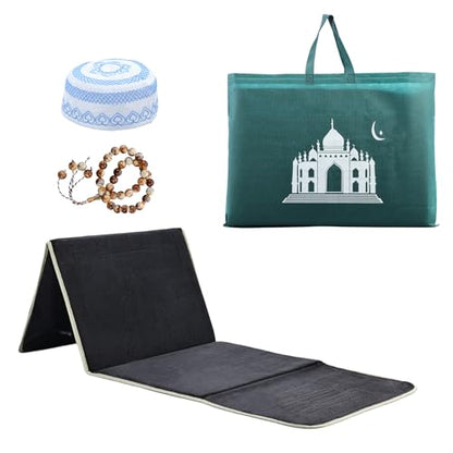 Foldable Muslim Prayer Mat with Back Rest Support, Thick Padded Islamic Prayer Rug, Travel Portable Carpet for Women Men, janamaz, Sajadah, Meditation Prayer Ramadan Eid Gift with Hat and 33 Beads - color: BLACK