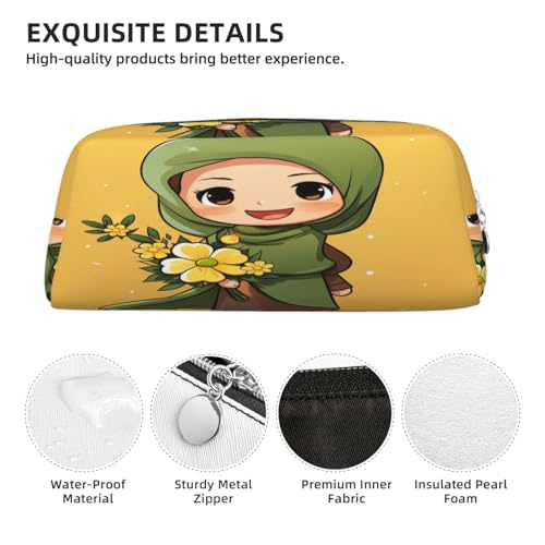 Cartoon Muslim Girl print Pencil Bag waterproof Zipper Pencil Case Leather Pen Box Cosmetic Bag For Office Pencil - color: Silver