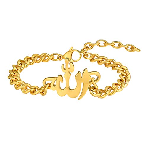 PROSTEEL Allah Bracelet, Muslim Islamic Jewelry Religious Islam Arabic God Charm Stainless Steel Beads Chain Bracelet, fits wrist from 5.9'' to 7.9'', Come with Box - color: 02 gold-cuban chain