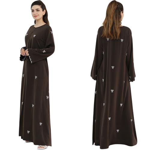 Abaya Dress for Muslim Women Bow Front Zipper Side Pockets Ramadan Eid Robe - color: Coffee, size: Large