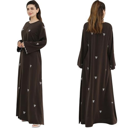 Abaya Dress for Muslim Women Bow Front Zipper Side Pockets Ramadan Eid Robe - color: Coffee, size: Medium