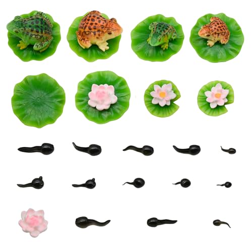 29Pcs Mini Artificial Pond Accessories Miniature Frog Tadpole Lotus and Water Lily Pad Figurines Resin Tiny Cake Toppers Decor for DIY Fairy Garden Bonsai Moss Landscape Aquarium Crafts