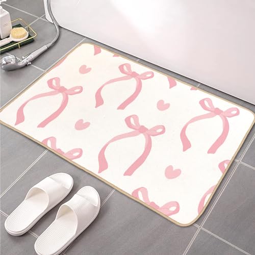 Cute Coquette Pink Bow Welcome Mat for Girls Bedroom Bathroom Decor | Heart Bow Home Decor, Pink Bathroom Floor Mat, Gifts for Pink Lovers, Non-Slip Indoor Entryway Mat, 29.5 x 15.7 Inch