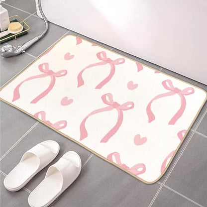Cute Coquette Pink Bow Welcome Mat for Girls Bedroom Bathroom Decor | Heart Bow Home Decor, Pink Bathroom Floor Mat, Gifts for Pink Lovers, Non-Slip Indoor Entryway Mat, 29.5 x 15.7 Inch