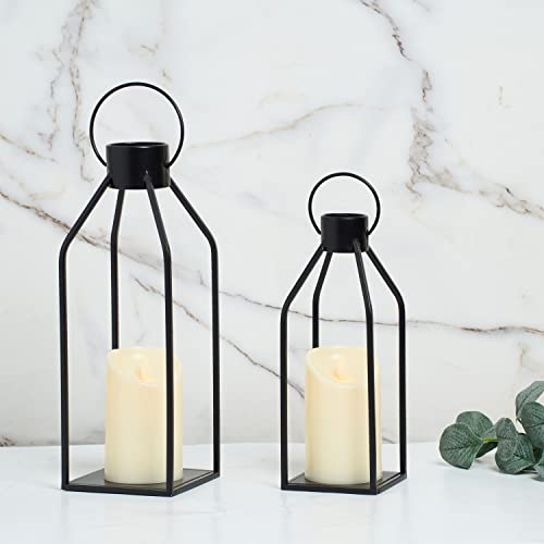 HPC Decor 모던 팜하우스 랜턴 장식 - 여름 밤을 위한 블랙 메탈 캔들 - 거실, 가정, 실내, 실외, 테이블, 벽난로 맨틀 장식용 타이머 깜박이는 양초 포함 랜턴 - size: 15inch and 12inch（Black）