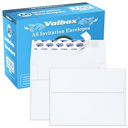 ValBox 100 Qty A6 Envelopes Self Seal 6.5 x 4.75" White Kraft Paper Invitation Envelopes for 4x6 Cards, Photos, Invitations, Weddings, Baby Shower, Birthday, Announcements, RSVP (A6) - color: White, size: A6 (6.5 x 4.75 Inches)