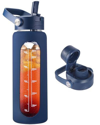 CIVAGO 24 oz Glass Water Bottle with Detachable Straw and Time Maker | Motivational Large Flask Cup with Handle, Leakproof Lids, Wide Mouth, Silicone Sleeve, Tumbler for Juice, Navy - color: .Navy Blue, size: 24 Ounces