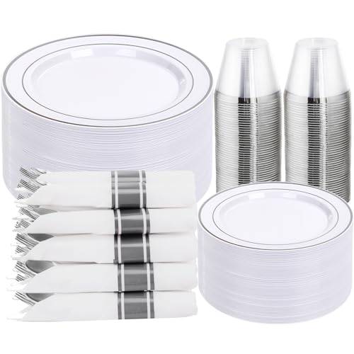 DaYammi 350PCS Silver Plastic Dinnerware Set for 50 Guests - color: A Silver, size: 350PCS（50 Guests)