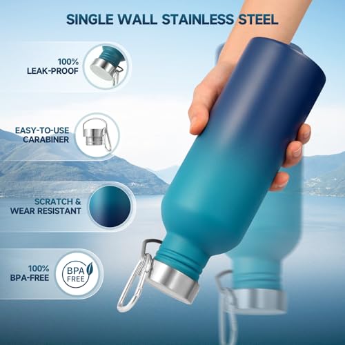 Volhoply 32oz Uninsulated Single Walled Water Bottle, Stainless Steel Sports Water Bottles with Handle, BPA Free Lightweight Water Bottles for Hiking, Biking, Running（Dark Night,1） - color: Dark Night