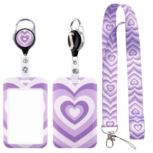 Purple Heart Lanyards for ID Badges Holder, Valentine's Day Love Retractable Reel with Name Tag Clip, Neck and Wrist Lanyards with Keychain for Girls Women Teacher - style: PurpleHeart
