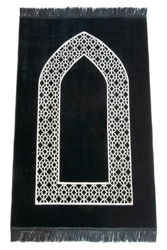 ihvan online Luxury Velvet Muslim Prayer Rug, Janamaz, Thick Soft Sajadah, Portable Travel Prayer Carpet Mat, Islamic Gift for Eid, Ramadan, Hajj & Umrah, Black - color: Black