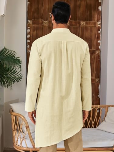 Runcati Mens Kaftan Robe Thobe Cotton Long Sleeve Henley Shirt Casual Muslim Gown Kurta Tops - color: Beige, size: XX-Large