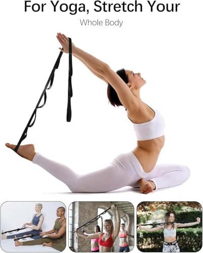 10 Loop Yoga Stretching Strap for Physical Therapy - Non-Elastic Exercise Band for Pilates, Yoga, Stretching for Women & Men - color: Black