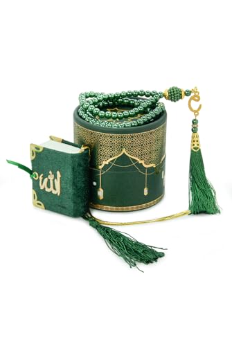 ihvan online Mini Quran & Tesbih Gift Set with Cylinder Box – 99 Pearl Muslim Prayer Beads, Misbaha Tasbeeh Sibha Mala – Islamic Ramadan, Eid & Mawlid Gift for Men & Women, Green - color: Green