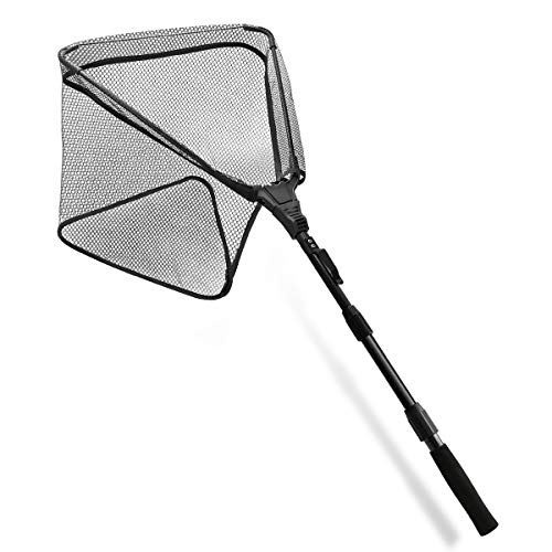 SANLIKE Collapsible Telescopic Fishing Net Rubber Coated Salt/Freshwater | Rubber coated net, fiberglass pole, non-slip rubber handle, various telescopic sizes, one-click storage - color: Black, size: 17 inches to 43