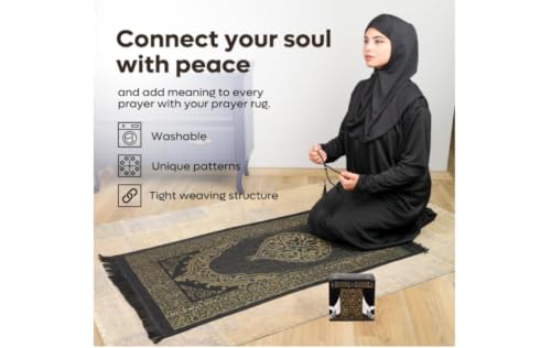 Taffeta Muslim Prayer Rug Set with Holy Quran & Kaaba Cubic Box - color: Prayer Rug/Holy Quran/Tasbih