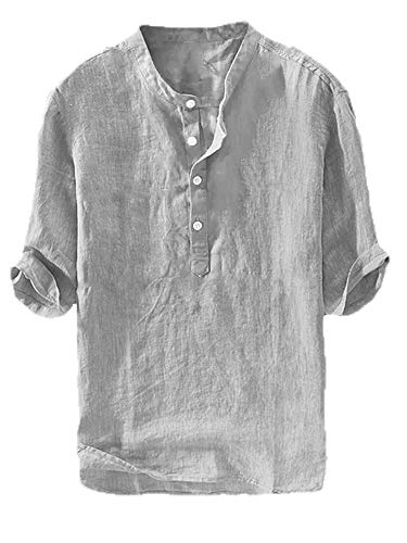 Ryannology Mens Linen Shirts Casual Cotton 3/4 Sleeve Henley T-Shirt - color: 01 Gray, size: Medium
