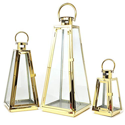 Allgala 3-PC Lantern Set 24 Inch Jumbo Deluxe Modern Indoor/Outdoor Candle Lantern Set Gold Stainless Steel Tapered Trapezoid Frame with Tempered Glass for Garden Patio Fireplace Wedding - color: Taper Gold