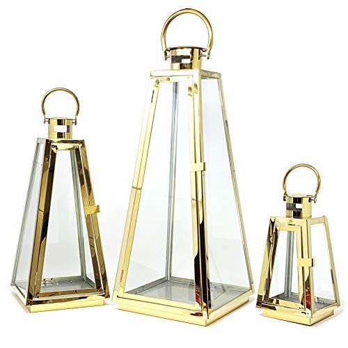 Allgala 3-PC Lantern Set 24 Inch Jumbo Deluxe Modern Indoor/Outdoor Candle Lantern Set Gold Stainless Steel Tapered Trapezoid Frame with Tempered Glass for Garden Patio Fireplace Wedding - color: Taper Gold