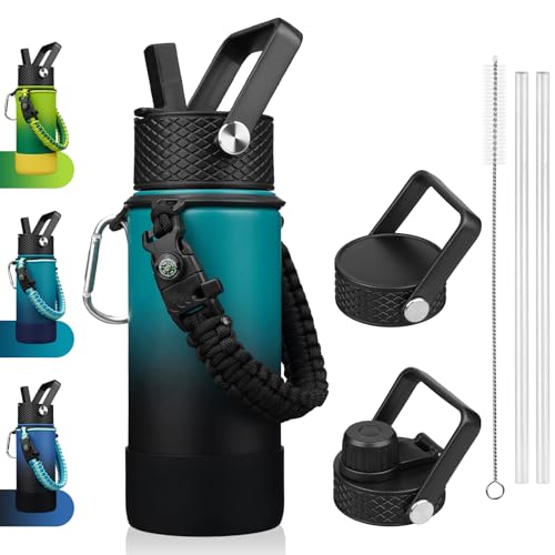 BJPKPK 18oz Insulated Water Bottle with 3 Lids, Straw Lid & Handle - color: Army Green & Black, size: 18 Ounces