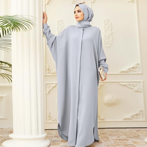 IKADEX Women Batwing Sleeve Abaya Button Loose Fit Long Maxi Muslim Dress Islamic Kaftan Prayer Robe - color: Grey