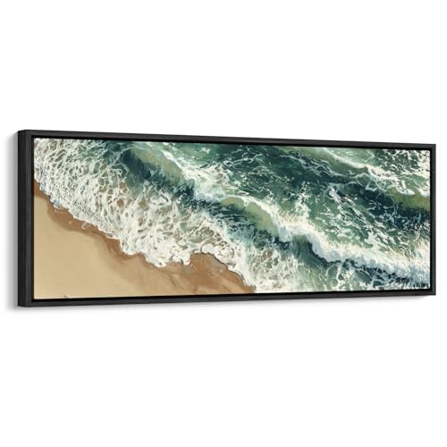 wall26 Large Framed Wall Art Canvas Print - Aerial Green Wave Sandy Beach - Contemporary Artwork for Living Room Bedroom Office - 60"x20" Black - color: AS10-2606-YUK17, size: 60"L x 20"W, style: Black Frame