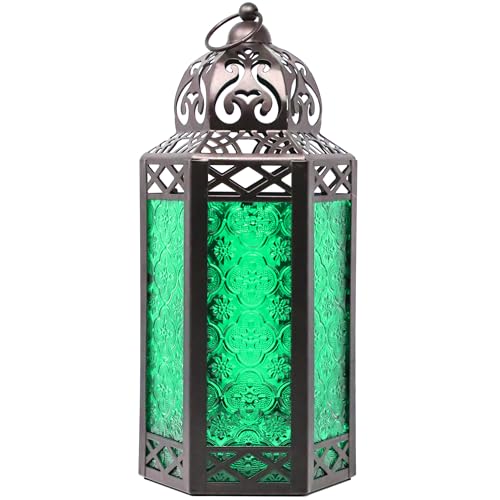 Vela Lanterns Decorative Indoor Candle Holder Table Centerpieces - Moroccan Hanging Outdoor Patio & Porch Home Decor, Turkish Lamp for Wedding, Ramadan (Large 12", Green Glass) - color: Black/Green, size: Large