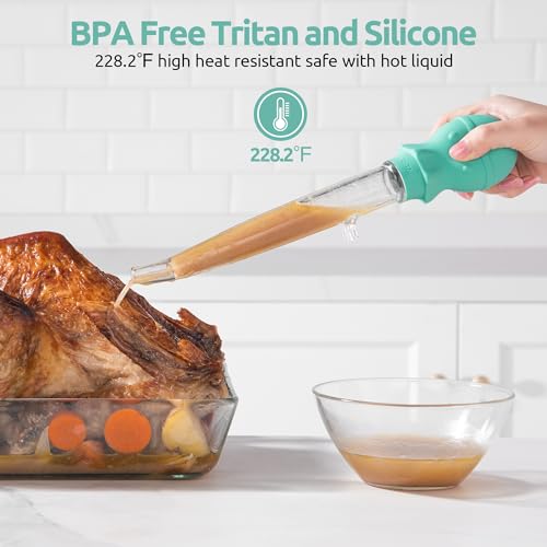 U-Taste 228.2℉ Heat Resistant Food Grade 1.5oz Angled Turkey Baster, and 18/8 Stainless Steel Square Measuring Spoons Set of 8 (Aqua Sky+Silver)