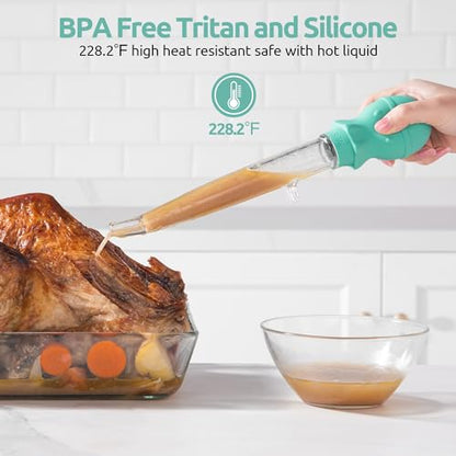 U-Taste 228.2℉ Heat Resistant Food Grade 1.5oz Angled Turkey Baster, and 18/8 Stainless Steel Square Measuring Spoons Set of 8 (Aqua Sky+Silver)