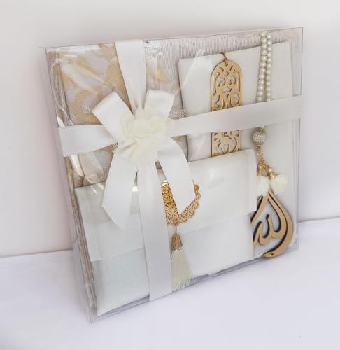 SAIKA Muslim Prayer Rug, 7 in One Gift Set, Prayer Mat Surah Book, Tasbeeh, Scarf, Surah Case, Bookmark, Car Mirror Hanger, Prayer Beads,Islamic Gift for Umrah, Hajj, Wedding, Janamaz (Cream) - color: Cream