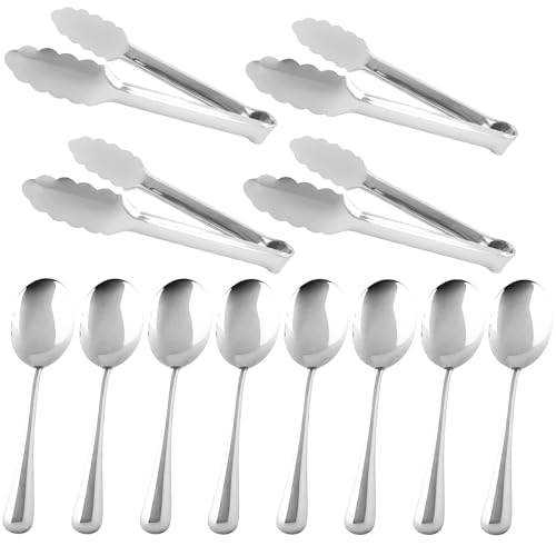 12PCS Silver Serving Utensils Set,Includes 8 large serving spoons,4 serving tongs - color: Silver