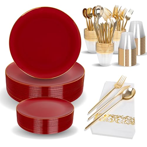 MirthMood 210pcs Red Plastic Plates,Disposable Red Gold Party Plates,Include 30 Dinner,Dessert Plate,30 Cup&30 Napkins, 90 Gold Silverware for Wedding & Party & Birthday（Plum Red） - color: Plum Red, size: 210
