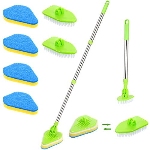 Scrub Cleaning Brush with Long Handle 2 in 1 Extendable Bathroom Floor Brushes with 2 Stiff Bristles and 4 Sponge with Long Handle Detachable Tile Lightweight Cleaner for Bathtub Shower