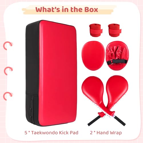 7 in1 Taekwondo Kick Pad Set, Boxing Training Equipment, Martial Art Kicking Pad, PU Leather Boxing Focus Pad, Target Punching Pads and Hand Wraps for Karate, Sparring, MMA, Muay Thai - color: Red