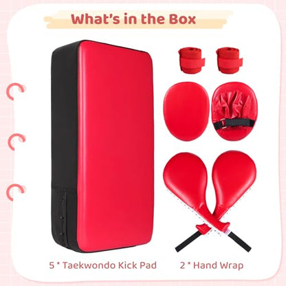 7 in1 Taekwondo Kick Pad Set, Boxing Training Equipment, Martial Art Kicking Pad, PU Leather Boxing Focus Pad, Target Punching Pads and Hand Wraps for Karate, Sparring, MMA, Muay Thai - color: Red