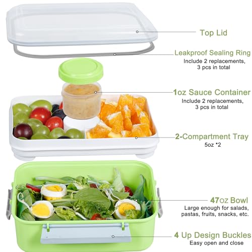 3 Pack Salad Lunch Box Food Storage Containers, 47oz Bento Box To Go Container with Lids, ReusableMeal Prep Containers with Removable Tray & Dressing Pots for Kids and Adults, Microwavable - color: Pink & Green & Light Blue