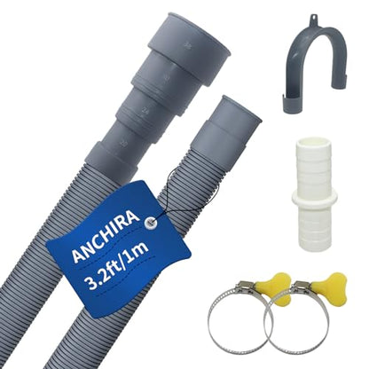 3.2 FT Washing Machine Drain Hose, Flexible Dishwasher Drain Hose Extension Kit, Universal Washer Drain Hose, Corrugated Washer Hose with 1 Adapter, 2 Hose Clamps, 1 U-Bend Hose Holder - size: 3.2 FT