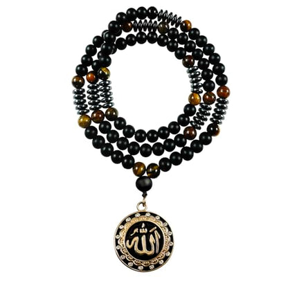 Ankh Cross Pendant Ancient Egyptian Hieroglyphic Symbol of Health and Eternal Life Men Cross Necklace with Tiger Eye Stone Obsidian Hematite Triple Protection Crystal Beads Chain - color: Allah Pendant-Gold