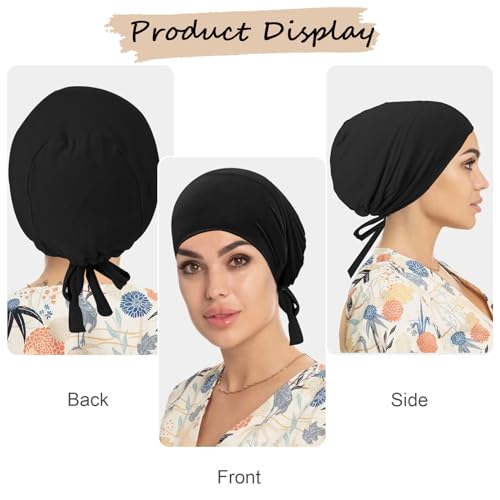 XEPST 2 PCS Hijab Undercap for Women, Satin Undercap for Hijab Islamic Muslim Under Hijabcap Modal Head Wraps Tie Back Bonnet Inner Head Scarf Turbans for Women Chemo Hat Sleep Cap, Black+Khaki