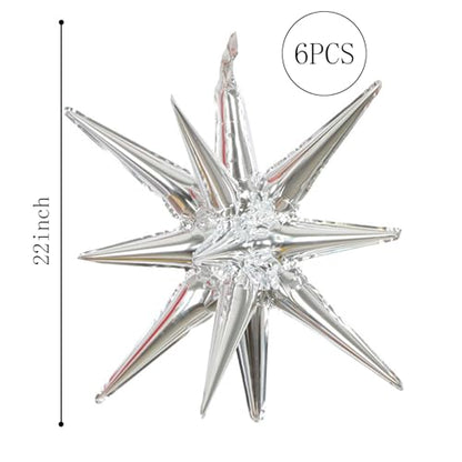 6 Pcs Silver Star Foil Balloons One-Piece 14-Pointed Star Balloon 4D Cone Mylar 22inch Christmas Birthday Wedding Fireworks Shape Party Supplies (Silver) - color: Silver