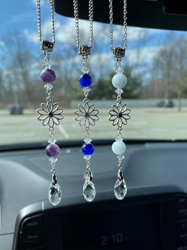Flower Rear View Mirror Car Charms,Crystal Boho Car Mirror Hanging Decor for Women Men Healing Blue Aquamarine Sun Catcher Cute Decorations Accessories