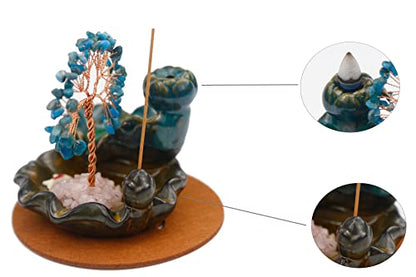 Waterfall Burner, Crystal Tree Backflow Incense Holder, with 30 Incense Cones, 30 Incense Stick, 1 Healing Crystal Necklace, Aromatherapy Anxiety Relief Items, Mom Gifts for Christmas - color: Blue Apatite