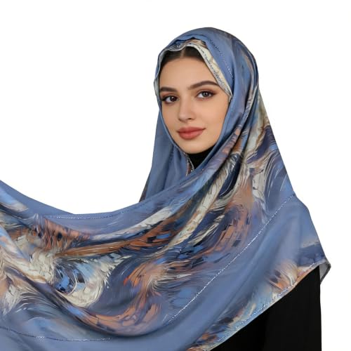 Chiffon Rhinestone Muslim Headscarf - color: Blue Abstract Pattern 