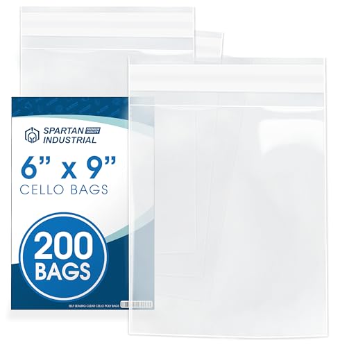 6" X 9" Self-Sealing Cellophane Bags (200 Count) Clear | Resealable Cello Bags for Cards, Photos, Cookies, Retail Packaging - Reinforced Sides - Spartan Industrial - size: 6" X 9"