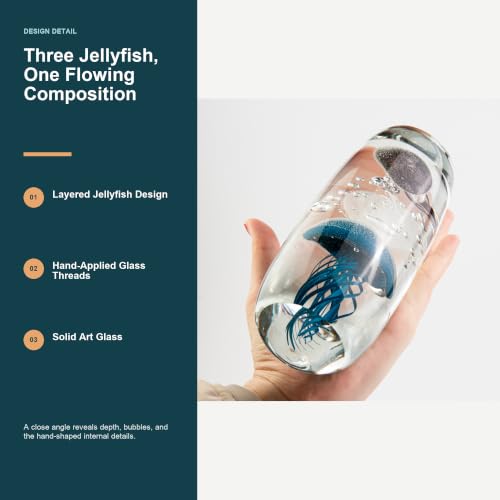 Glow in the Dark Jellyfish Paperweight, 6.8" Tall Glass Cylinder Aquarium with 3 Floating Jellies (Blue, White, Grey), Luminous Ocean Decor Night Light for Home Office