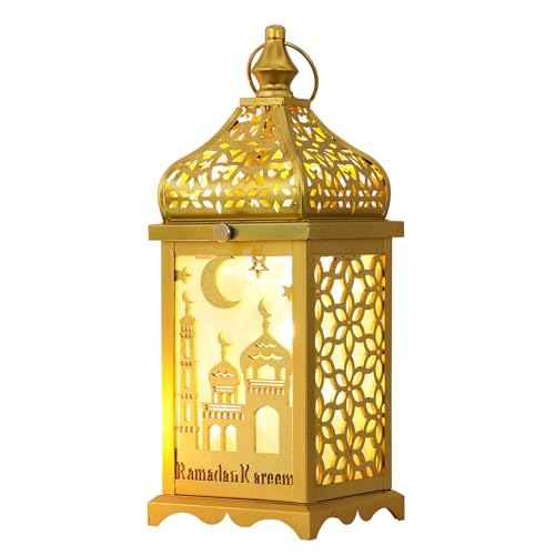 Ramadan Decorations for Home, 14'' Decorative Candle Lantern for Tabletop Mantel Decor, Vintage Metal Lantern Candle Holders for Indoor Outdoor Decor, EID Mubarak Gift - color: 1 Pc Gold / 14''