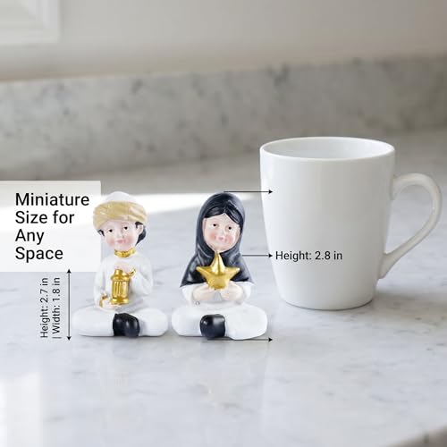 Ramadan Decorations Islamic Home Decor Muslim Boy and Girl Figurines Holding Lantern and Star Resin Table Centerpieces for Office Kids Eid Gifts Ideas Room Desktop Ornament
