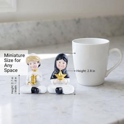 Ramadan Decorations Islamic Home Decor Muslim Boy and Girl Figurines Holding Lantern and Star Resin Table Centerpieces for Office Kids Eid Gifts Ideas Room Desktop Ornament