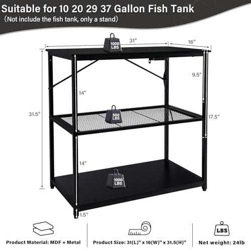 TC-HOMENY Fish Tank Stand 10,20,29,37 Gallon, 1000LB Capacity Aquarium Stand with Built-in Outlet, 31"L x 16"W Metal Reptile Tank Stand, Double Storage Design Adjustable Shelves, Black (Tank not Included)