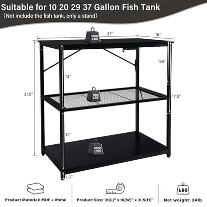 TC-HOMENY Fish Tank Stand 10,20,29,37 Gallon, 1000LB Capacity Aquarium Stand with Built-in Outlet, 31"L x 16"W Metal Reptile Tank Stand, Double Storage Design Adjustable Shelves, Black (Tank not Included)